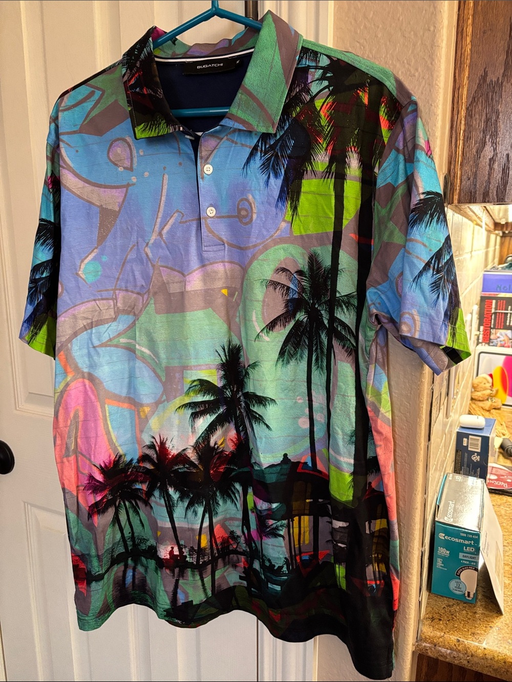 Bugatchi Men’s Multicolor Tropical Palm-Print Polo — Blue, Green, Pink, Black